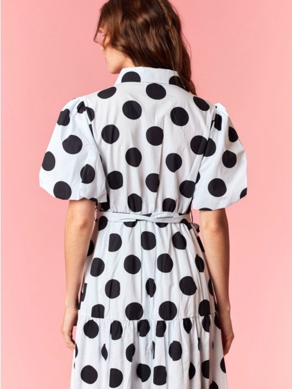 NWT WHITE BLACK POLKA Dot Printed Cotton Poplin Puff Sleeve Maxi Dress - Picture 9 of 9